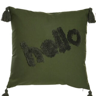 COJÍN "HELLO" POMPONES VERDE 45x15x45 cm.