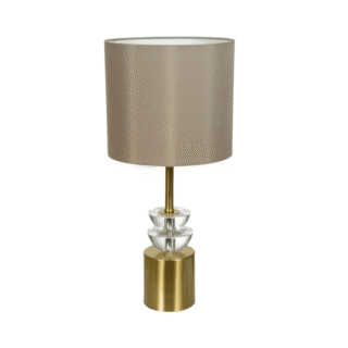 LÁMPARA PIE DORADO CON CRISTAL Y TULIPA GRIS